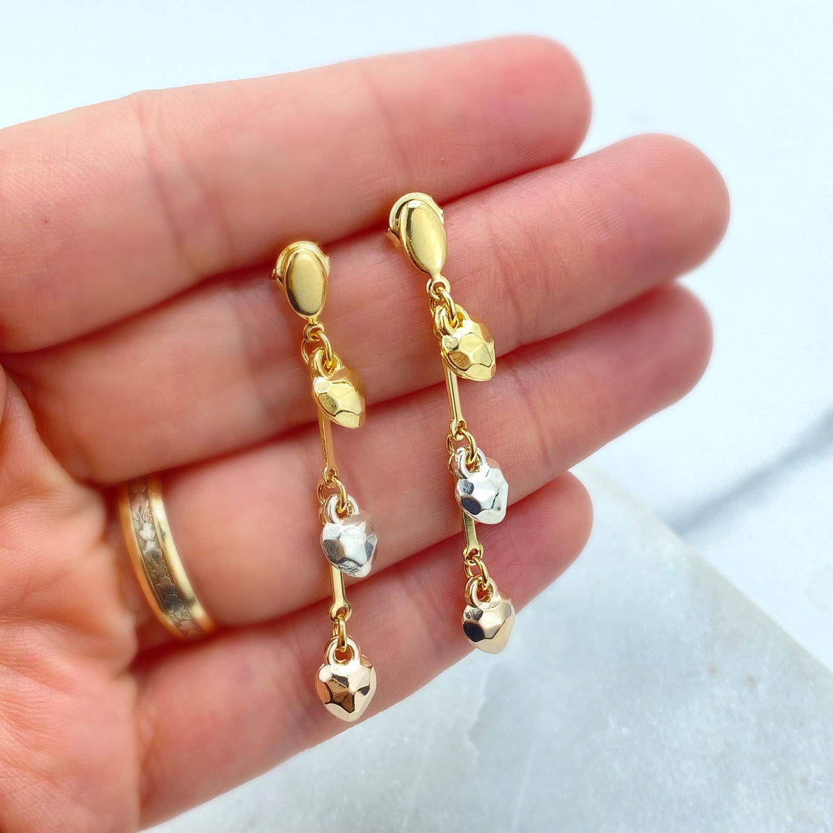 18k Gold Filled Dangle and Drop Earrings with Tri-Tone Hearts, Three-Tone Hearts Earrings, Drop Hearts Earrings, Wholesale Jewelry