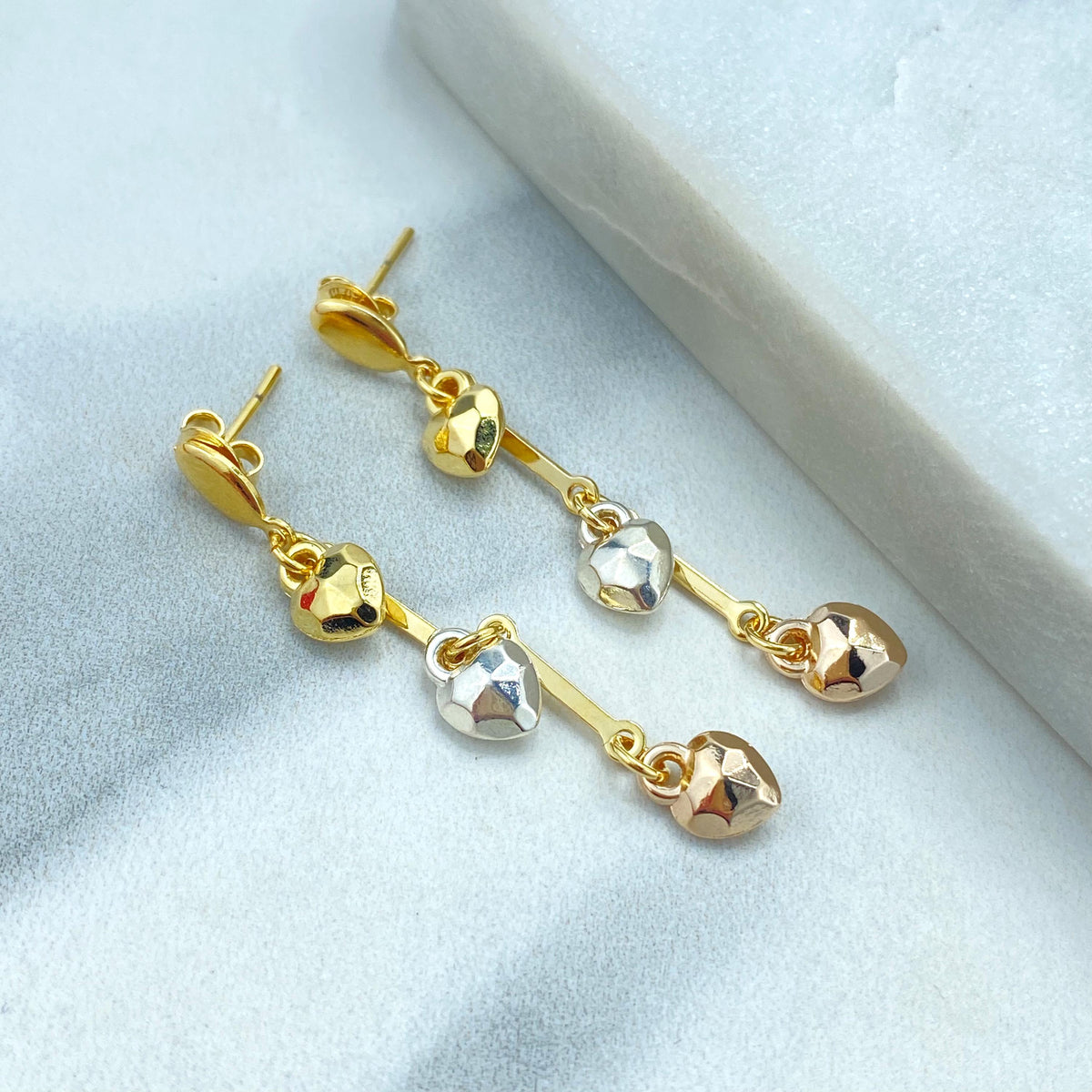 18k Gold Filled Dangle and Drop Earrings with Tri-Tone Hearts, Three-Tone Hearts Earrings, Drop Hearts Earrings, Wholesale Jewelry