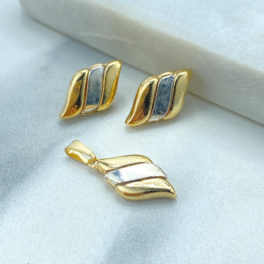 18k Gold Filled Two Tone Wings Studs Earrings and Charm Set, Leaves Shape Two Tone Set with Earrings and Charm, Wholesale Jewelry