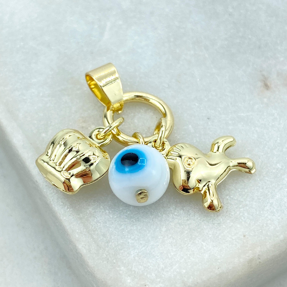 18k Gold Filled Protection Amulet with Playful Horse, Evil Eye and Crown Charm, Protection against the Evil Eye Charm, Wholesale Jewelry