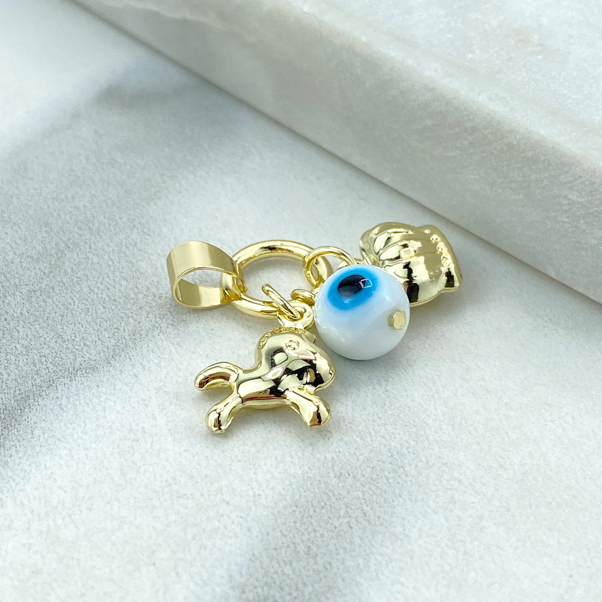 18k Gold Filled Protection Amulet with Playful Horse, Evil Eye and Crown Charm, Protection against the Evil Eye Charm, Wholesale Jewelry