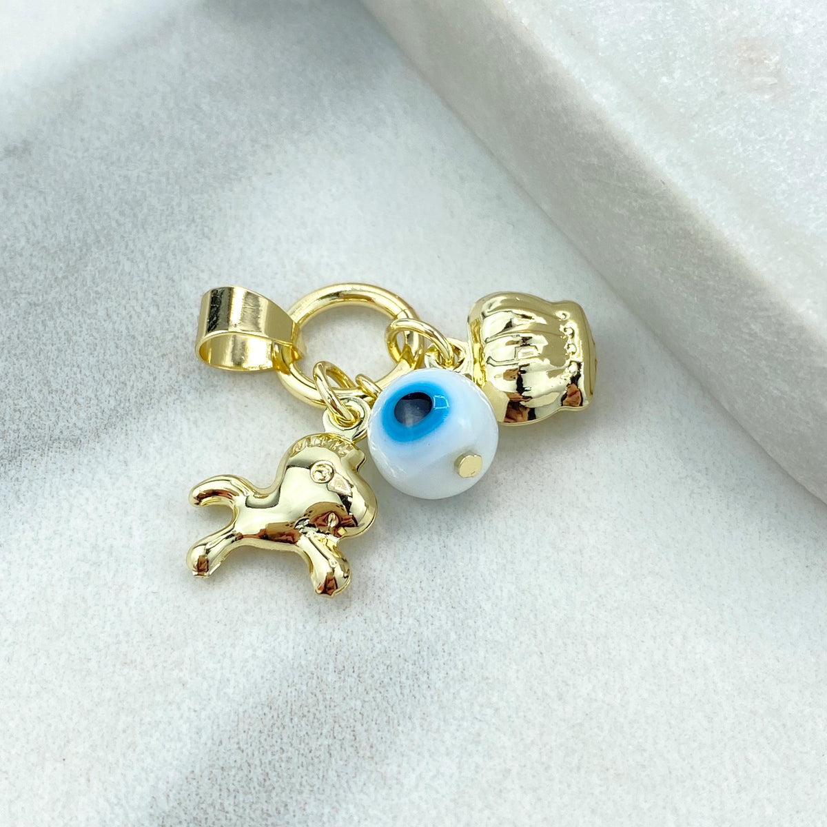 18k Gold Filled Protection Amulet with Playful Horse, Evil Eye and Crown Charm, Protection against the Evil Eye Charm, Wholesale Jewelry