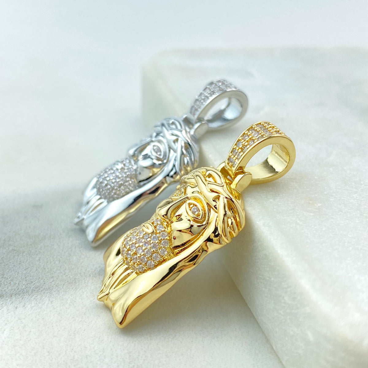 Silver Filled or 18k Gold Filled, Jesus Christ Face Shape Pendant with Micro Cubic Zirconia, Large Bail Pendant, Wholesale Jewelry