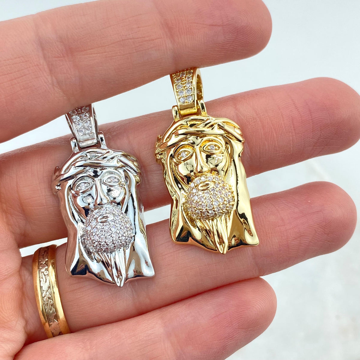 Silver Filled or 18k Gold Filled, Jesus Christ Face Shape Pendant with Micro Cubic Zirconia, Large Bail Pendant, Wholesale Jewelry