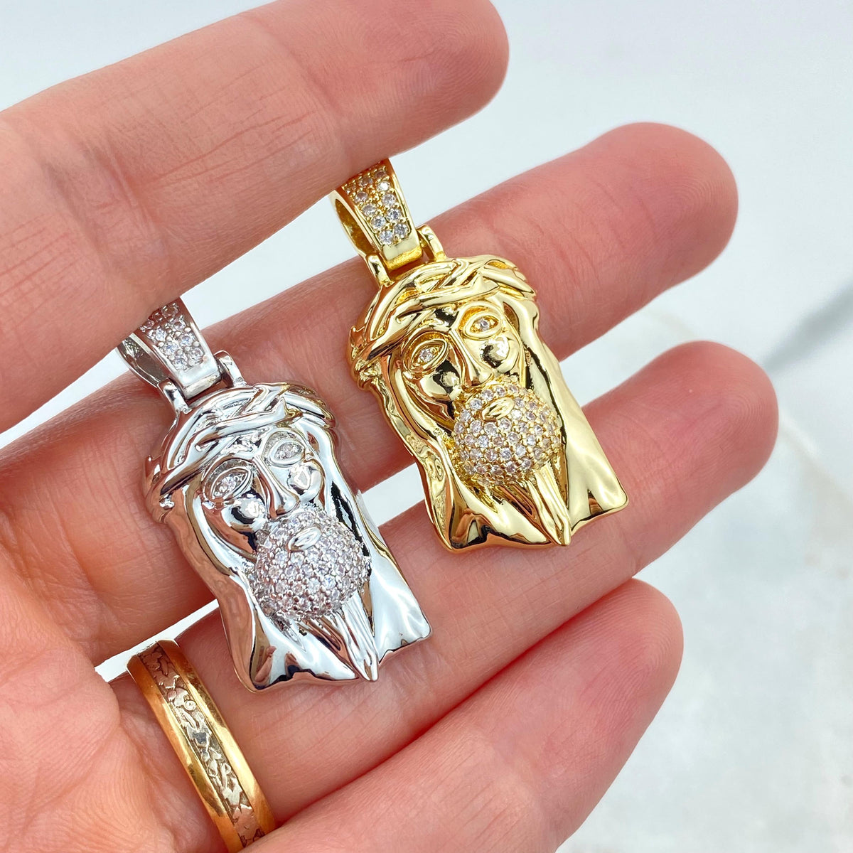 Silver Filled or 18k Gold Filled, Jesus Christ Face Shape Pendant with Micro Cubic Zirconia, Large Bail Pendant, Wholesale Jewelry