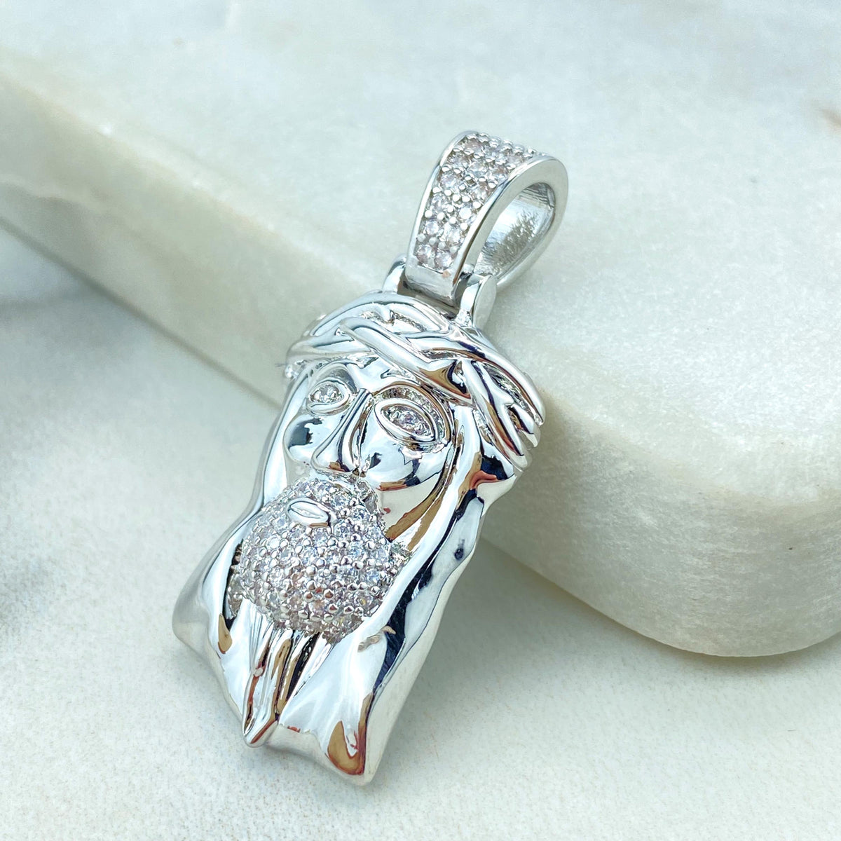 Silver Filled or 18k Gold Filled, Jesus Christ Face Shape Pendant with Micro Cubic Zirconia, Large Bail Pendant, Wholesale Jewelry