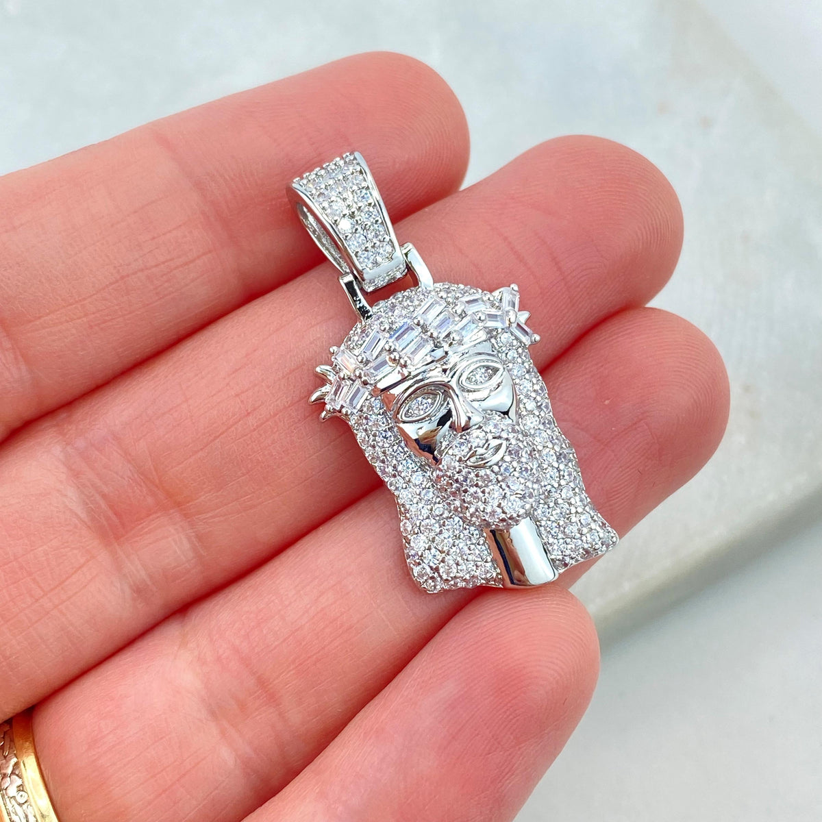 Silver Filled Jesus Christ Face Shape Pendant with Micro Cubic Zirconia, Large Bail Pendant, Jesus Face Charm, Wholesale Jewelry