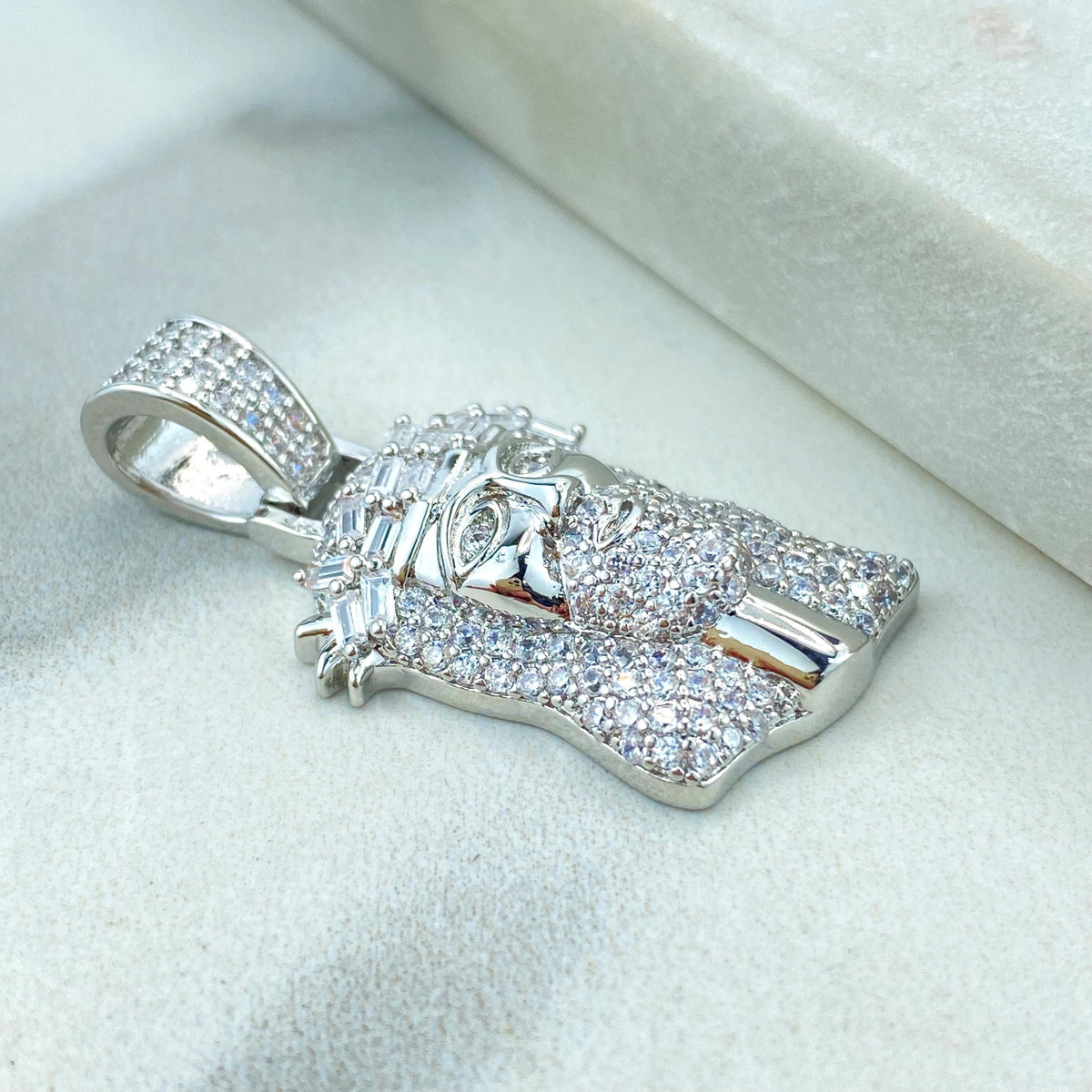 Silver Filled Jesus Christ Face Shape Pendant with Micro Cubic Zirconia, Large Bail Pendant, Jesus Face Charm, Wholesale Jewelry
