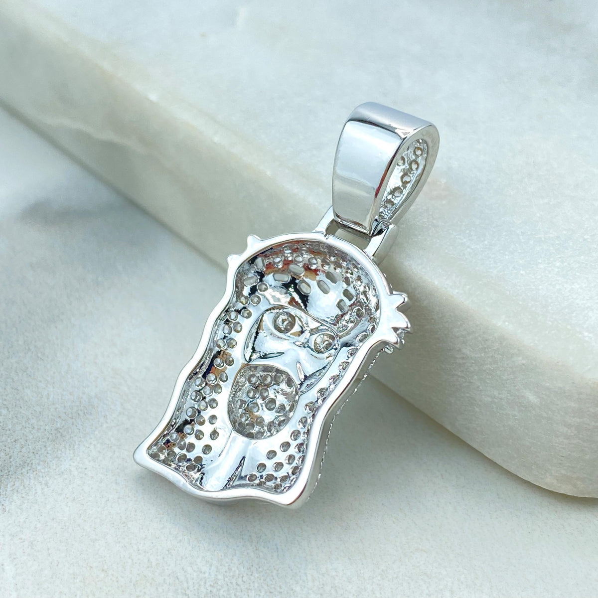 Silver Filled Jesus Christ Face Shape Pendant with Micro Cubic Zirconia, Large Bail Pendant, Jesus Face Charm, Wholesale Jewelry