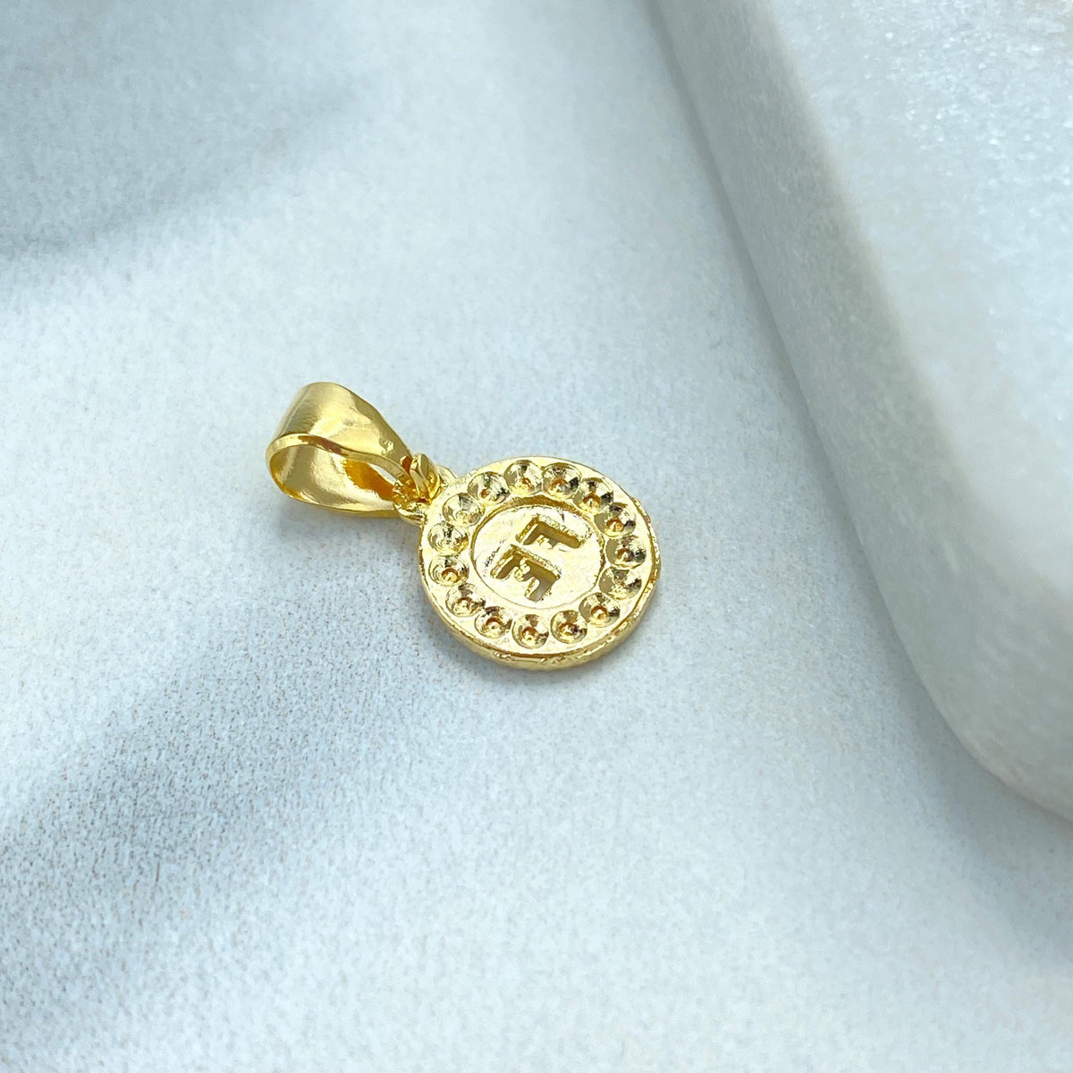 18k Gold Filled Tiny Faith Amulet Charm with Micro CZ, Medal Coin Faith Charm, "FE" Faith Charm in Spanish, Wholesale Jewelry