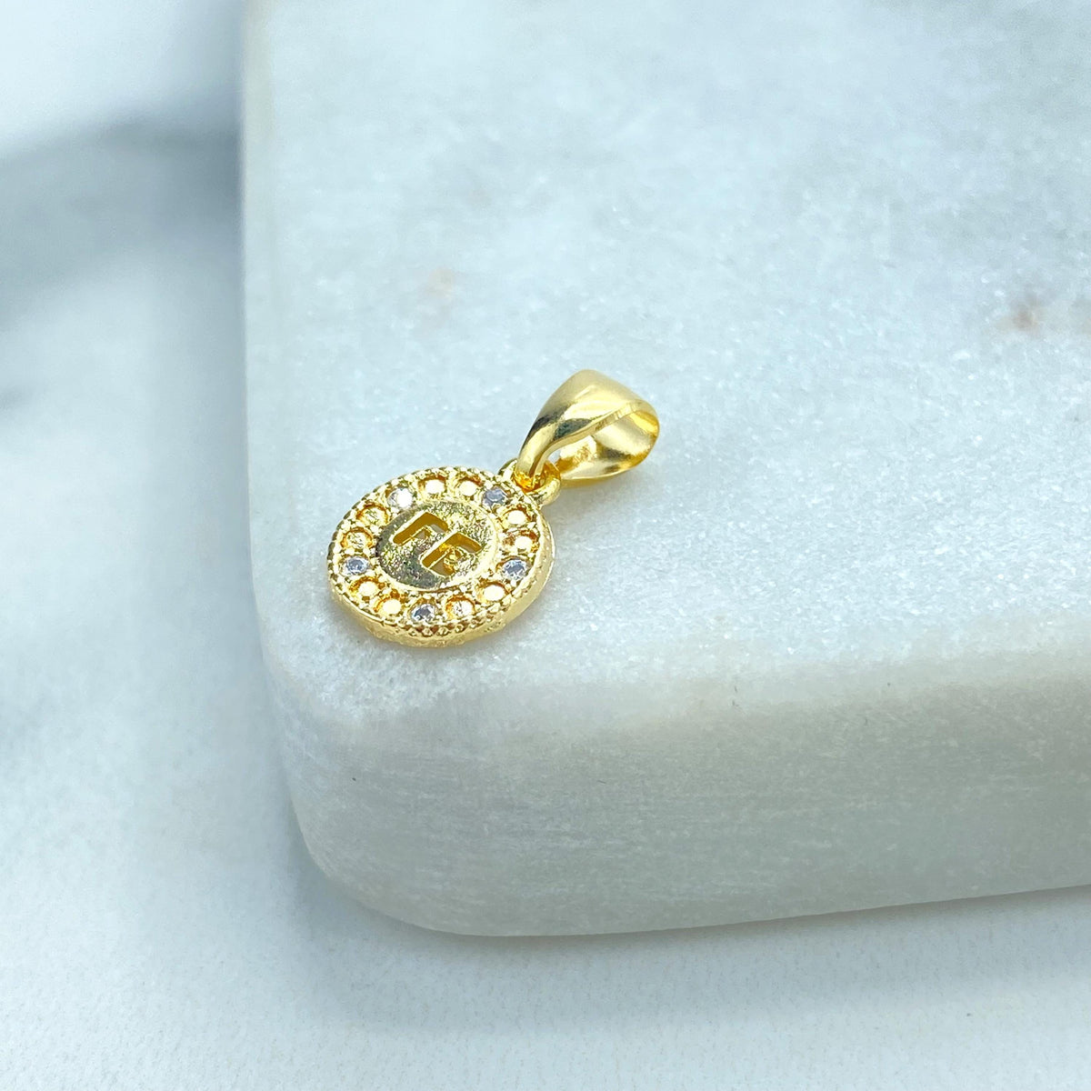18k Gold Filled Tiny Faith Amulet Charm with Micro CZ, Medal Coin Faith Charm, "FE" Faith Charm in Spanish, Wholesale Jewelry