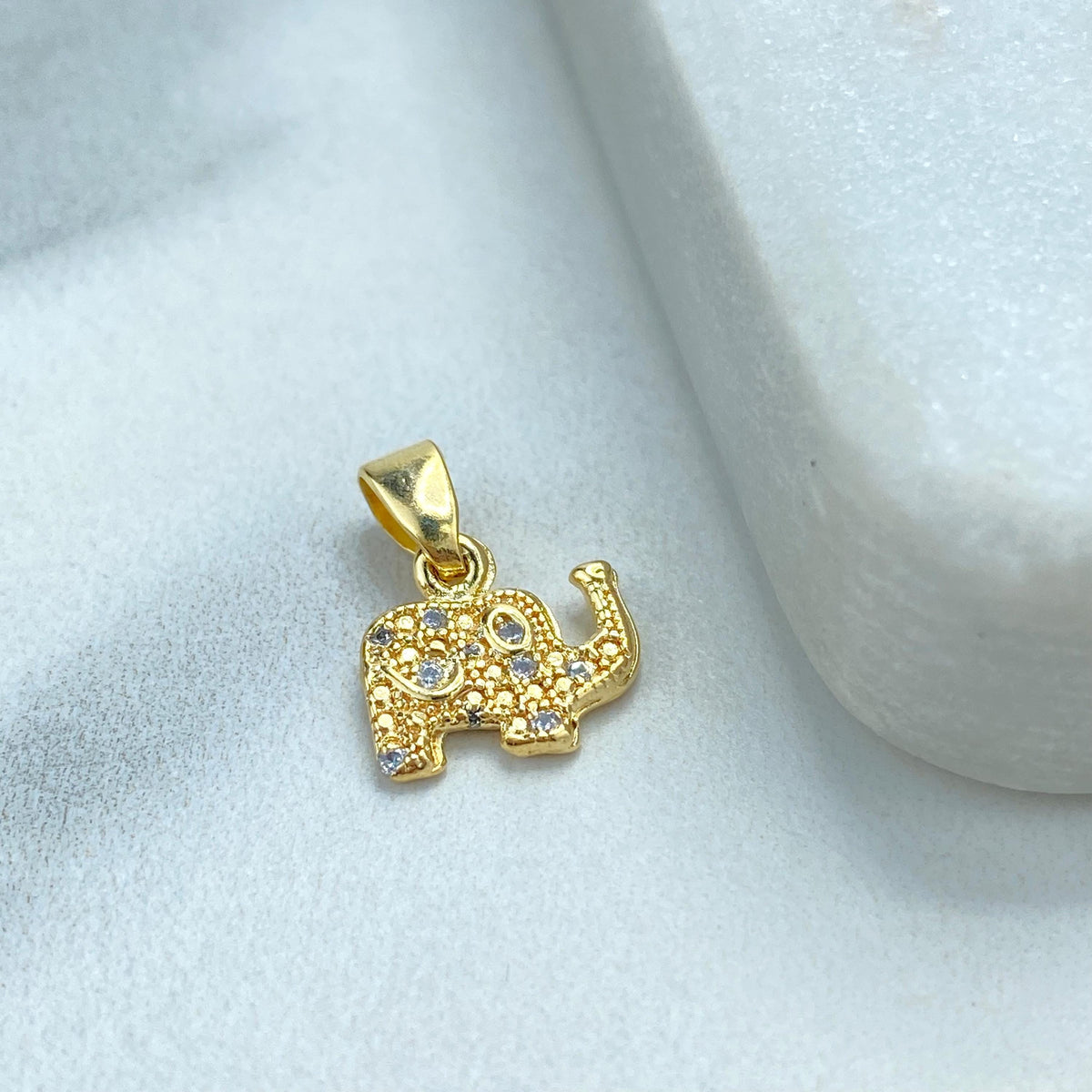 18k Gold Filled Tiny Textured Elephant Charm with Micro Cubic Zirconia, Symbol of Good Luck, Wisdom, Protection Charm, Wholesale Jewelry