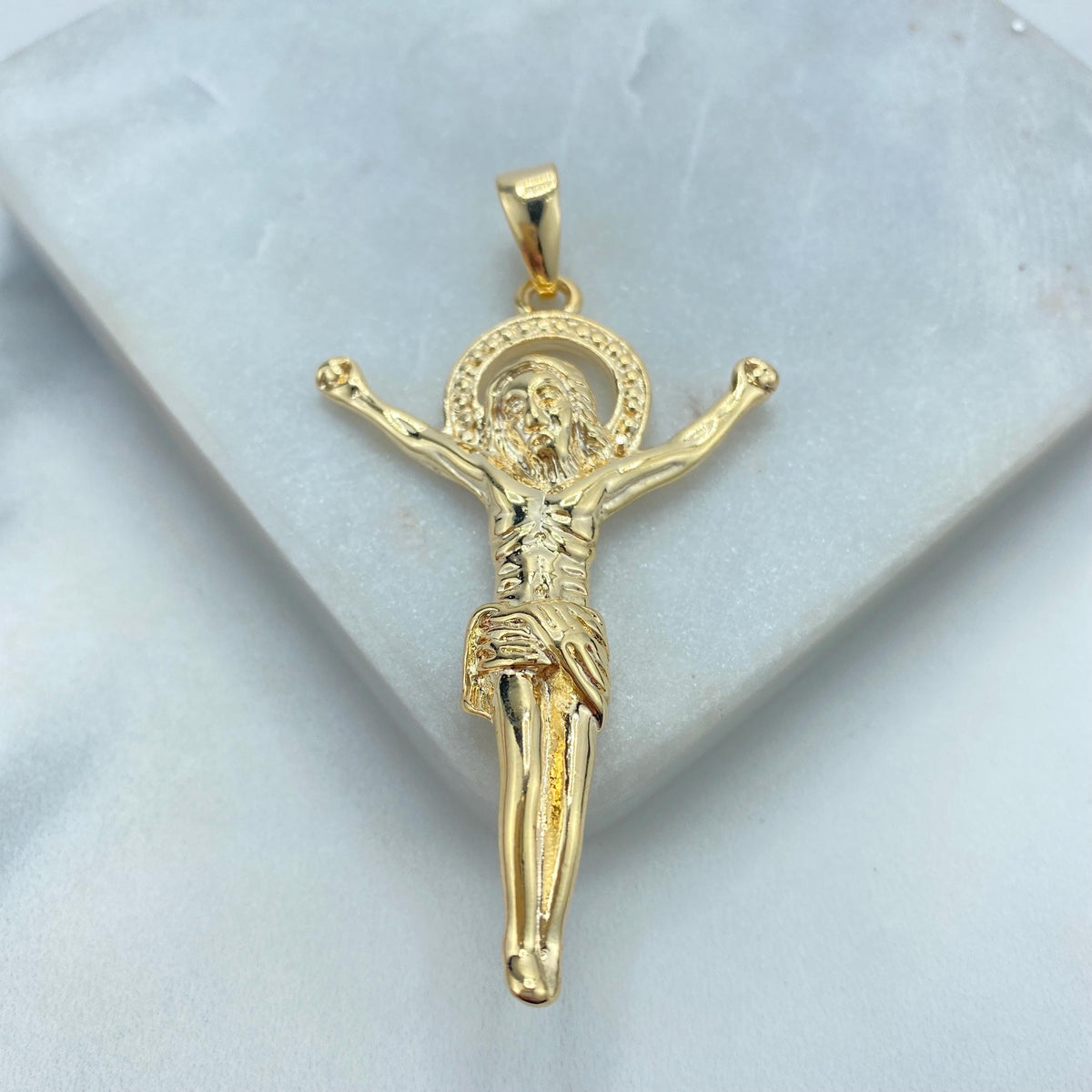 18k Gold Filled Jesus Christ Crucifix Pendant with Radiant Halo, Symbolizing Faith and Redemption, Wholesale Jewelry