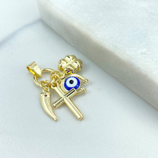 18k Gold Filled Amulet with Chili Pepper, Cross, Evil Eye, Horseshoe, Clover Charms, Protection against the Evil Eye Charm Wholesale Jewelry