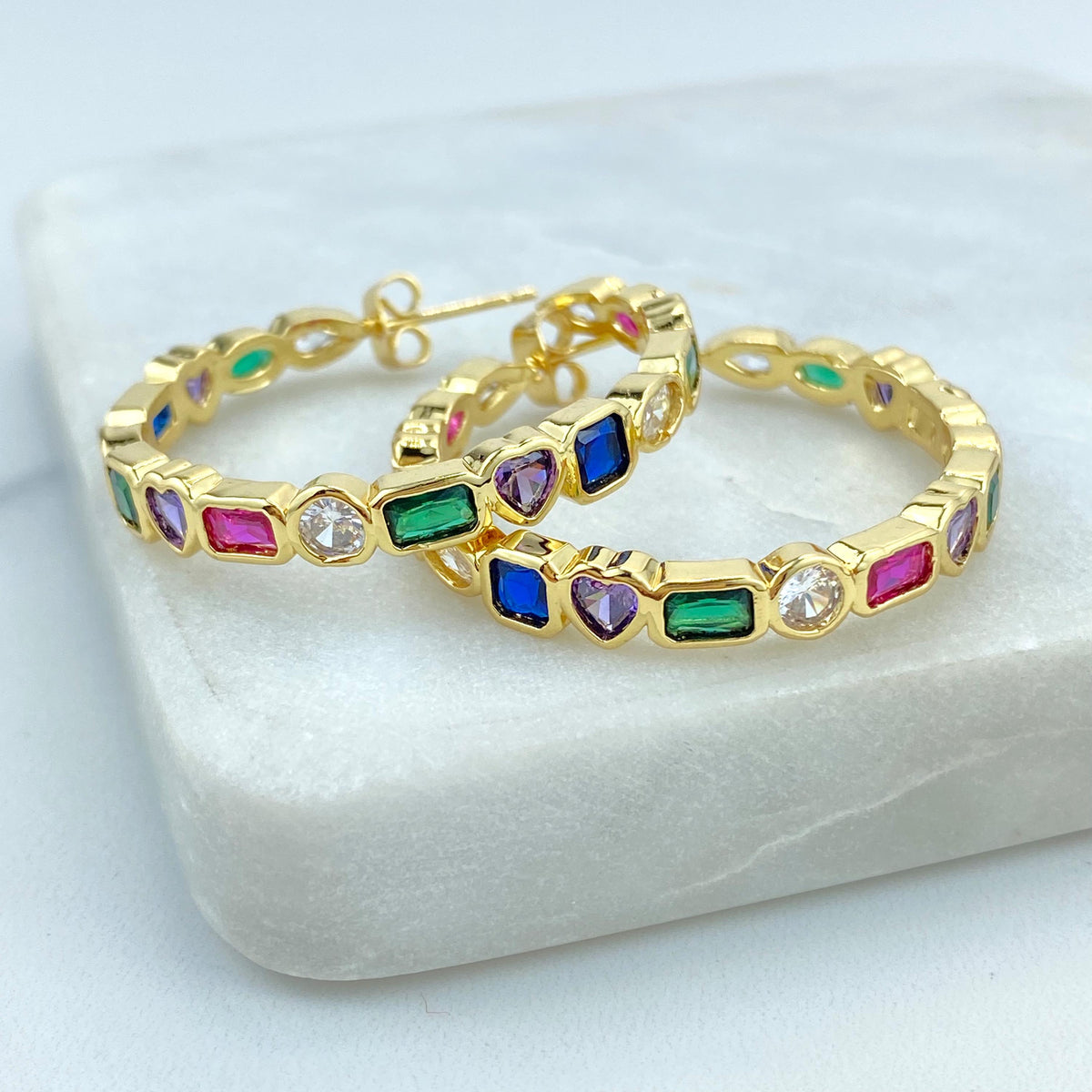 18k Gold Filled Multi-Color Mixed Stone C-Hoop Earrings, Colorful Zirconia Hoop Earrings, Rainbow Mixed Stone Hoops, Wholesale Jewelry
