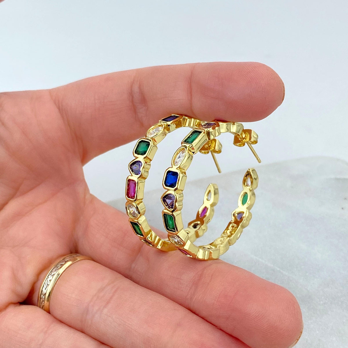18k Gold Filled Multi-Color Mixed Stone C-Hoop Earrings, Colorful Zirconia Hoop Earrings, Rainbow Mixed Stone Hoops, Wholesale Jewelry