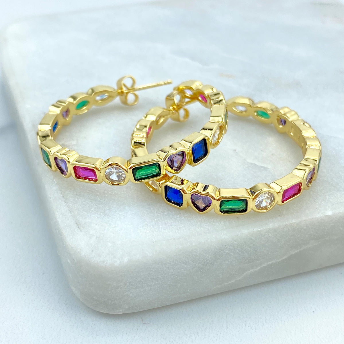 18k Gold Filled Multi-Color Mixed Stone C-Hoop Earrings, Colorful Zirconia Hoop Earrings, Rainbow Mixed Stone Hoops, Wholesale Jewelry