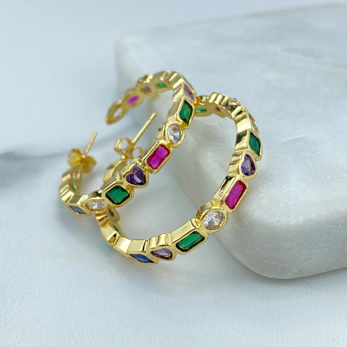 18k Gold Filled Multi-Color Mixed Stone C-Hoop Earrings, Colorful Zirconia Hoop Earrings, Rainbow Mixed Stone Hoops, Wholesale Jewelry