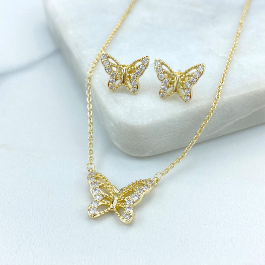 18k Gold Filled Butterfly Stud Earrings & Necklace Jewelry Set, Micro Cubic Zirconia Butterfly Set, Wholesale Jewelry
