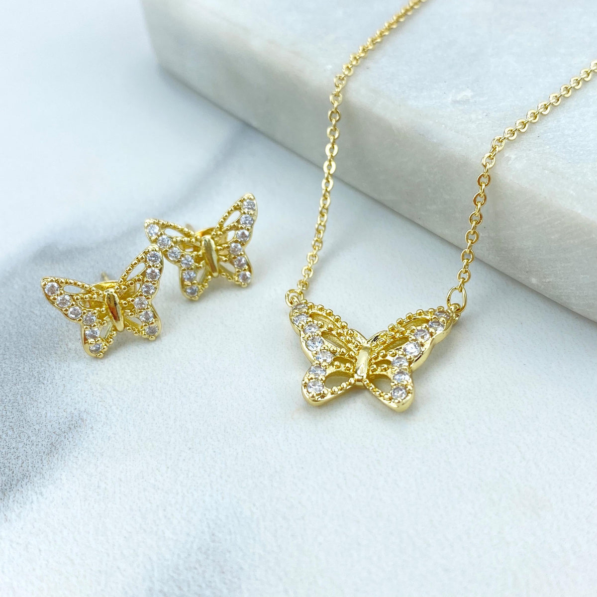 18k Gold Filled Butterfly Stud Earrings & Necklace Jewelry Set, Micro Cubic Zirconia Butterfly Set, Wholesale Jewelry