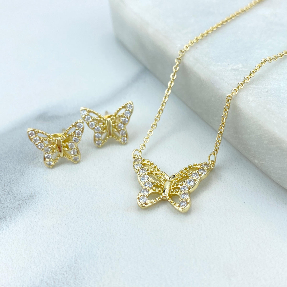 18k Gold Filled Butterfly Stud Earrings & Necklace Jewelry Set, Micro Cubic Zirconia Butterfly Set, Wholesale Jewelry