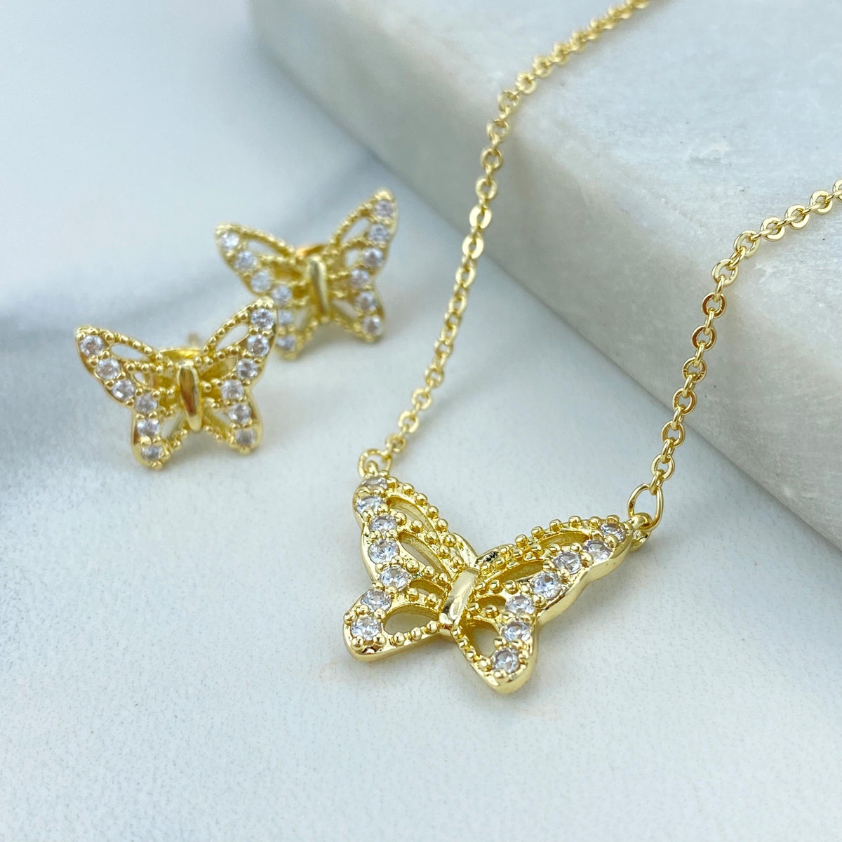 18k Gold Filled Butterfly Stud Earrings & Necklace Jewelry Set, Micro Cubic Zirconia Butterfly Set, Wholesale Jewelry