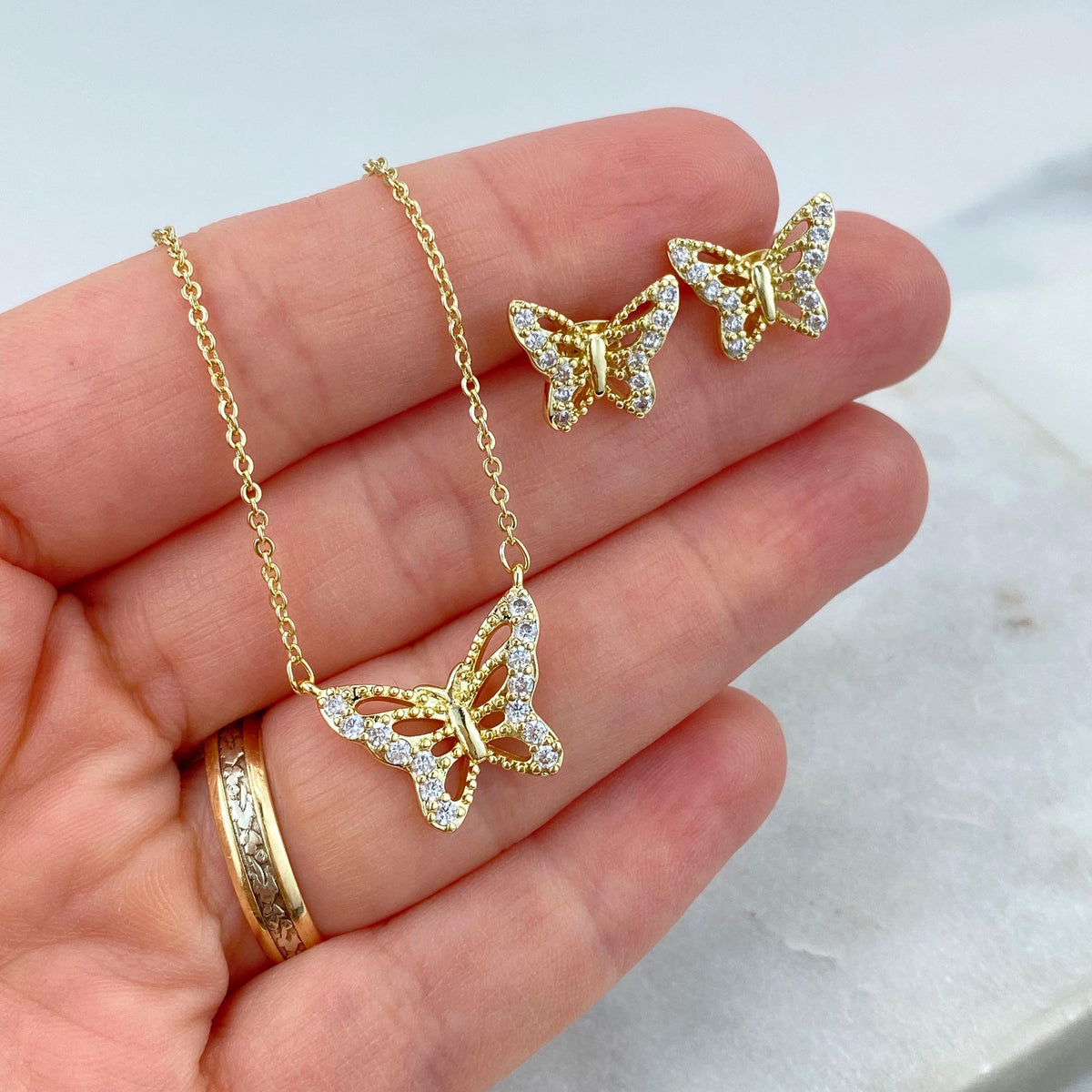 18k Gold Filled Butterfly Stud Earrings & Necklace Jewelry Set, Micro Cubic Zirconia Butterfly Set, Wholesale Jewelry