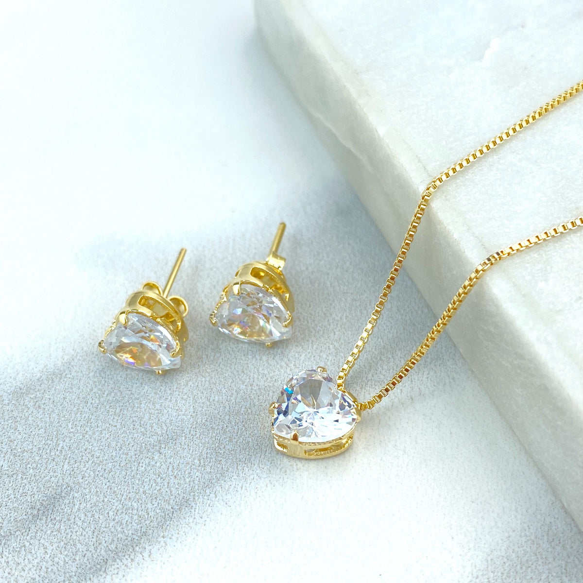 18k Gold Filled Solitaire Heart Cubic Zirconia Necklace and Stud Earrings Set, Heart Shape Cubic Zirconia Jewelry Set, Wholesale Jewelry