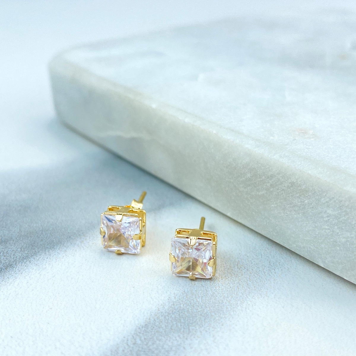 18k Gold Filled Solitaire Square Cubic Zirconia Necklace and Stud Earrings Set, Square Cubic Zirconia Jewelry Set, Wholesale Jewelry