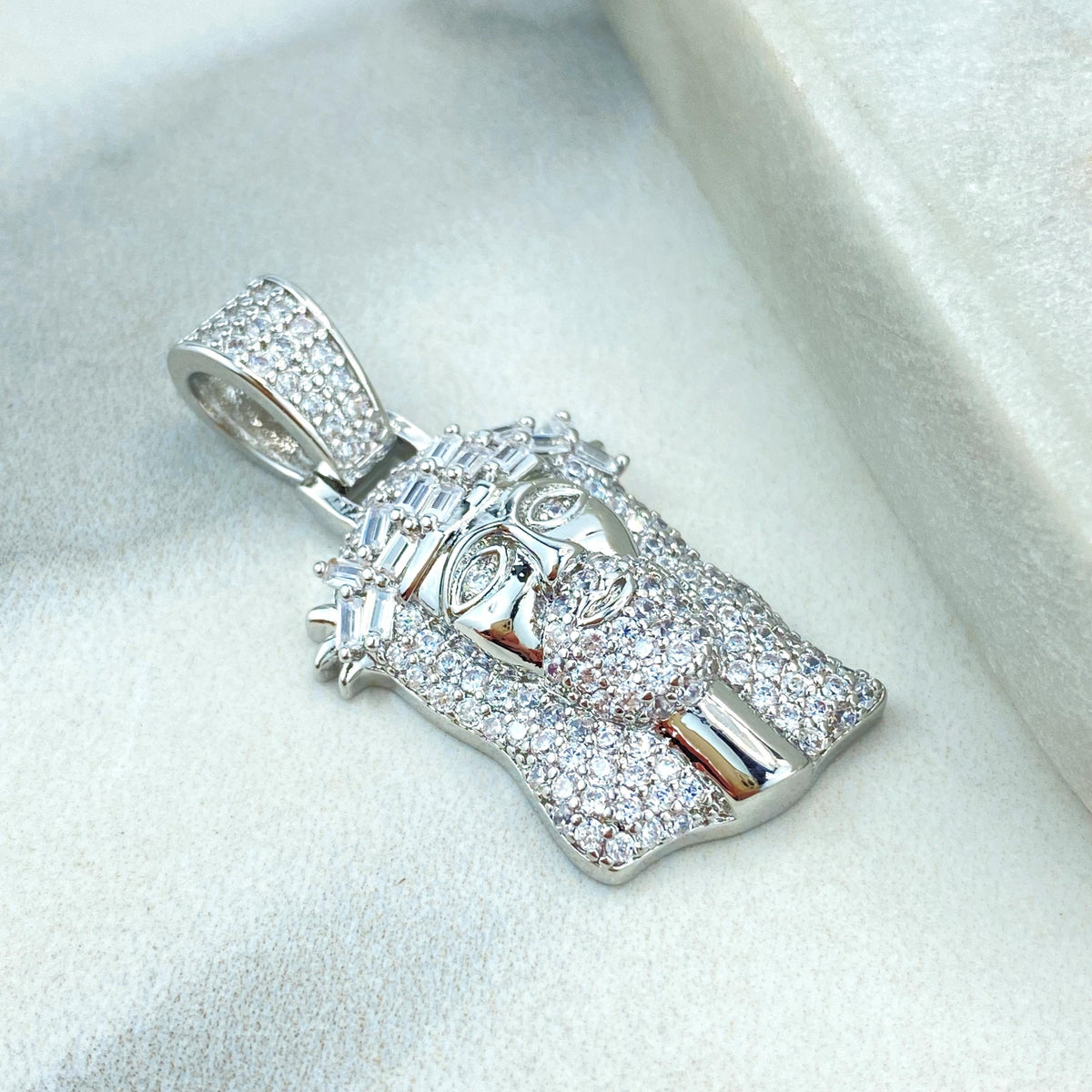 Silver Filled Jesus Christ Face Shape Pendant with Micro Cubic Zirconia, Large Bail Pendant, Jesus Face Charm, Wholesale Jewelry