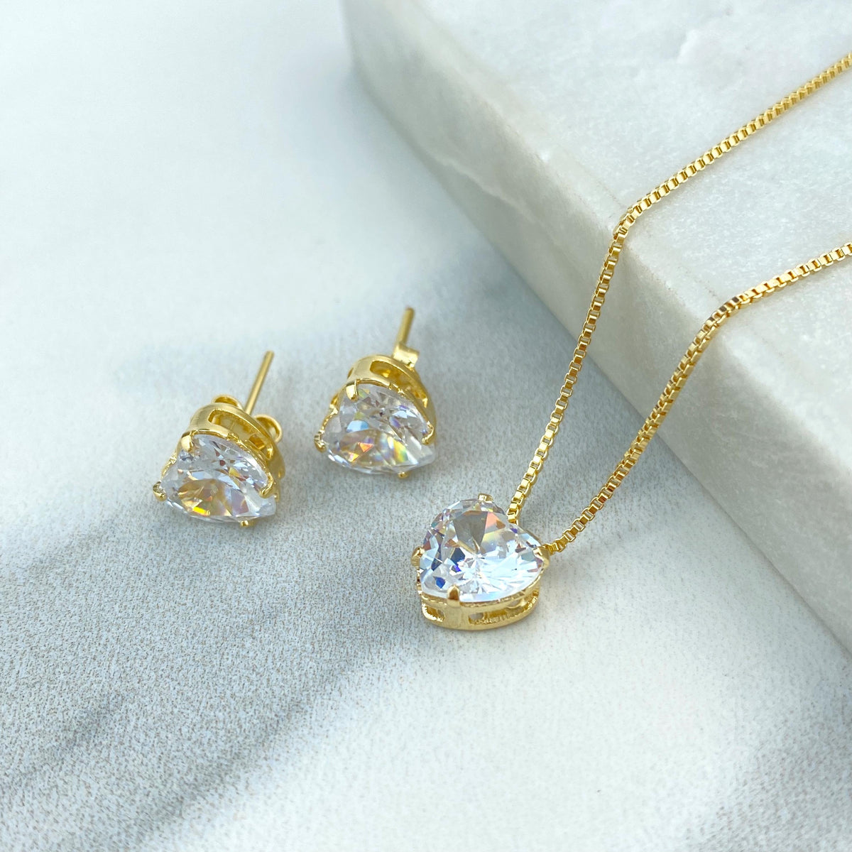 18k Gold Filled Solitaire Heart Cubic Zirconia Necklace and Stud Earrings Set, Heart Shape Cubic Zirconia Jewelry Set, Wholesale Jewelry