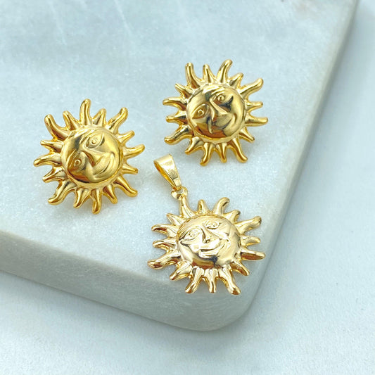 18k Gold Filled Sun Jewelry Set, Happy Face Sun Charm and Earrings Set, Face Sun Shape Set with Pendant and Stud Earrings, Wholesale Jewelry