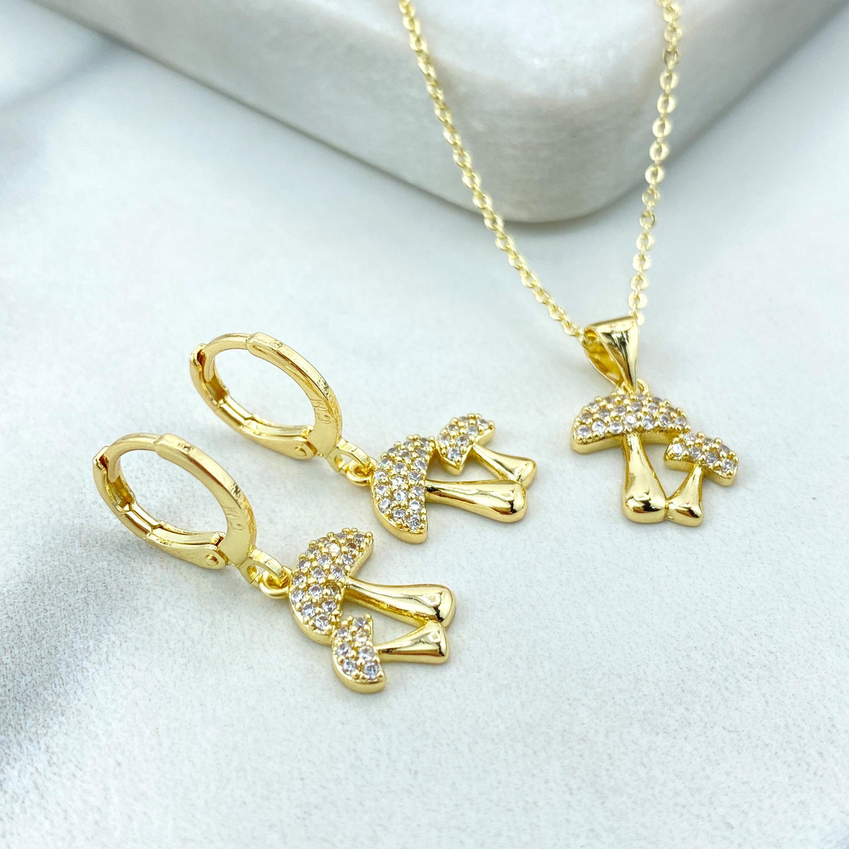 18k Gold Filled Mushroom Jewelry Set, Necklace and Dangle Charm Huggie Earrings, Micro Pave Cubic Zirconia Mushroom Set, Wholesale Jewelry