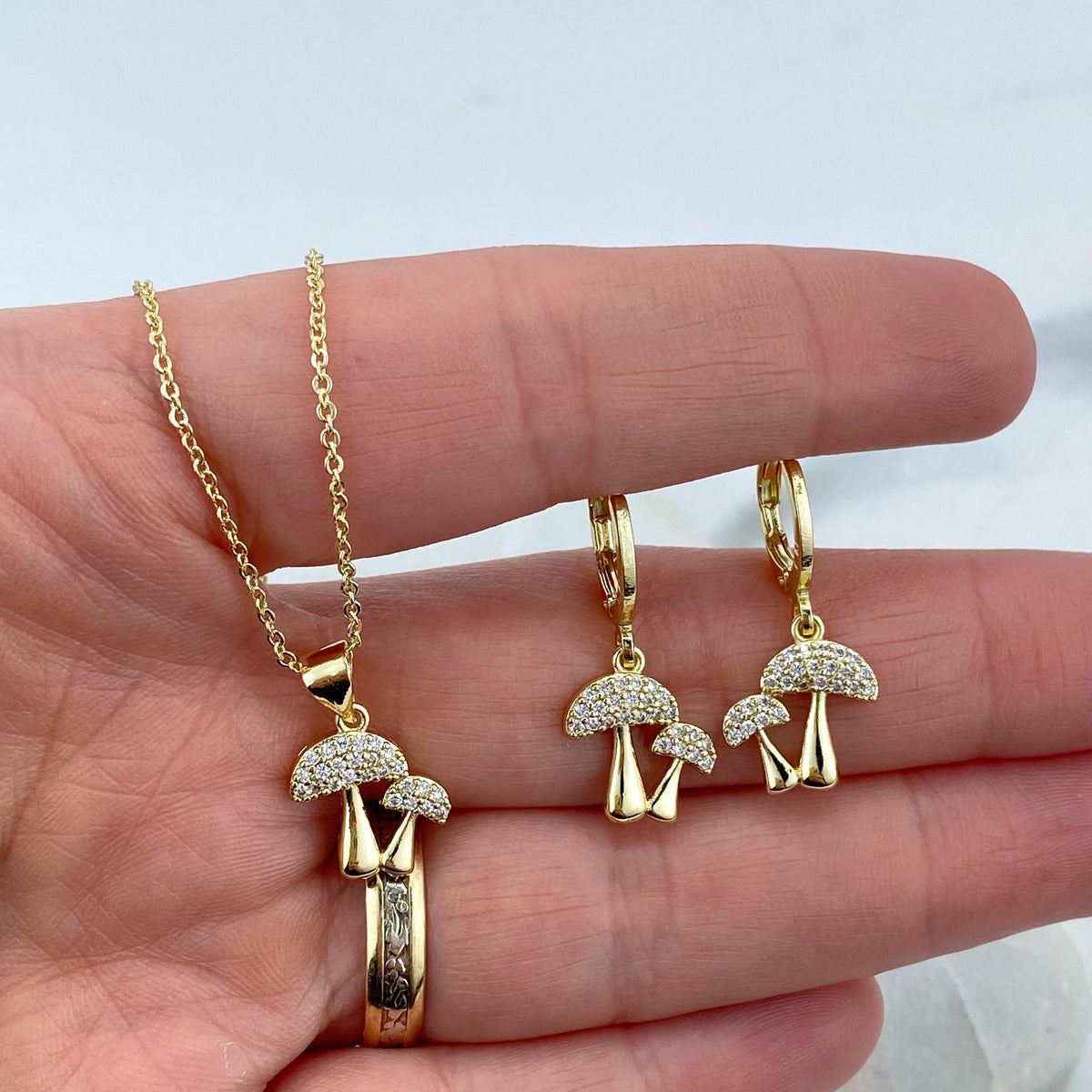 18k Gold Filled Mushroom Jewelry Set, Necklace and Dangle Charm Huggie Earrings, Micro Pave Cubic Zirconia Mushroom Set, Wholesale Jewelry