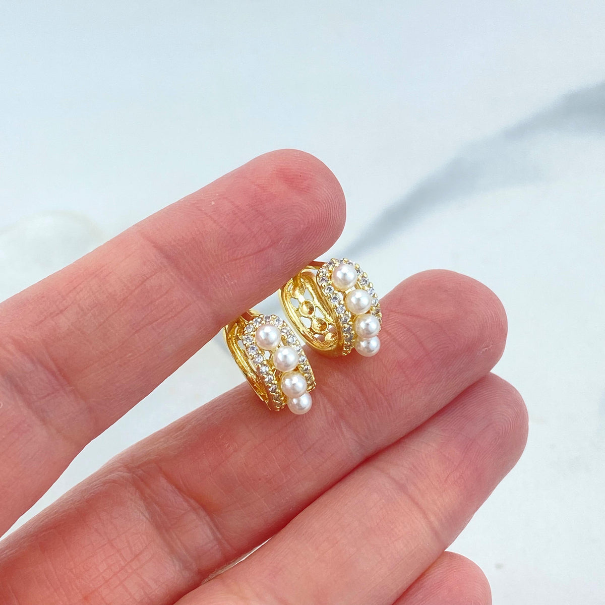 18k Gold Filled Timeless Huggie Earrings, with Micro Cubic Zirconia and Pearl, Fine Huggie, Classic and Minimalist Huggie, Wholesale Jewelry
