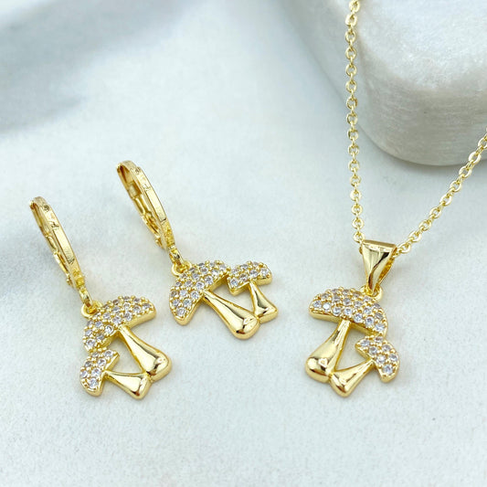 18k Gold Filled Mushroom Jewelry Set, Necklace and Dangle Charm Huggie Earrings, Micro Pave Cubic Zirconia Mushroom Set, Wholesale Jewelry