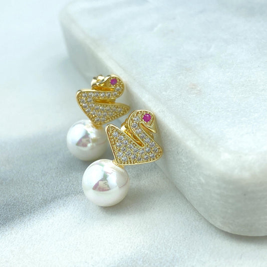 18k Gold Filled Swan Earrings with Pearl and Micro Cubic Zirconia, Swan Stud Earrings with Micro Pave and Pearl, Wholesale Jewelry