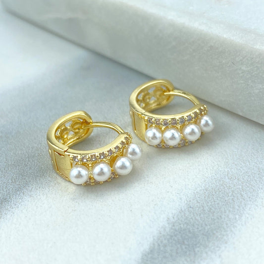 18k Gold Filled Timeless Huggie Earrings, with Micro Cubic Zirconia and Pearl, Fine Huggie, Classic and Minimalist Huggie, Wholesale Jewelry