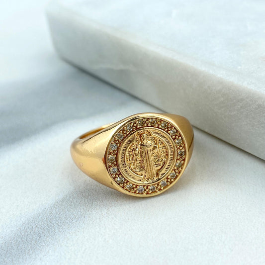 18k Gold Filled Saint Benedict Medal Ring with Micro Cubic Zirconia , San Benito Medal Ring, Catholic Jewelry for Wholesale and Supplies