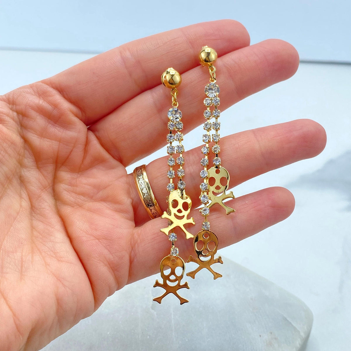18k Gold Filled Long Drop and Dangle Skull Earrings, Double Dangle Cubic Zirconia Earrings with Stylized Skeleton, Wholesale Jewelry