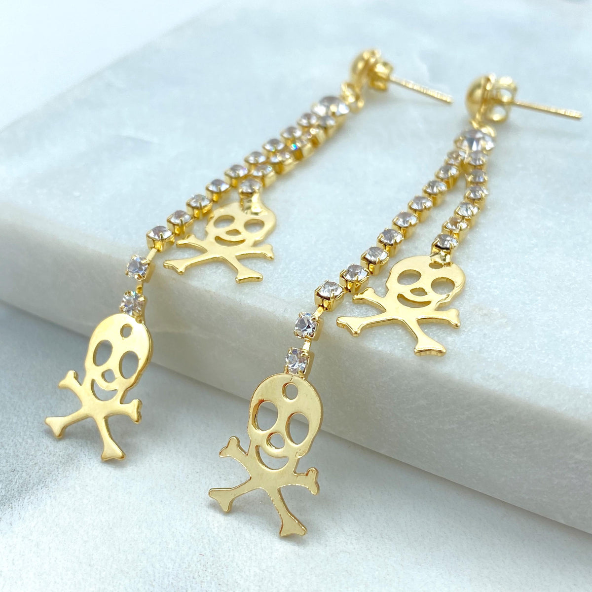 18k Gold Filled Long Drop and Dangle Skull Earrings, Double Dangle Cubic Zirconia Earrings with Stylized Skeleton, Wholesale Jewelry