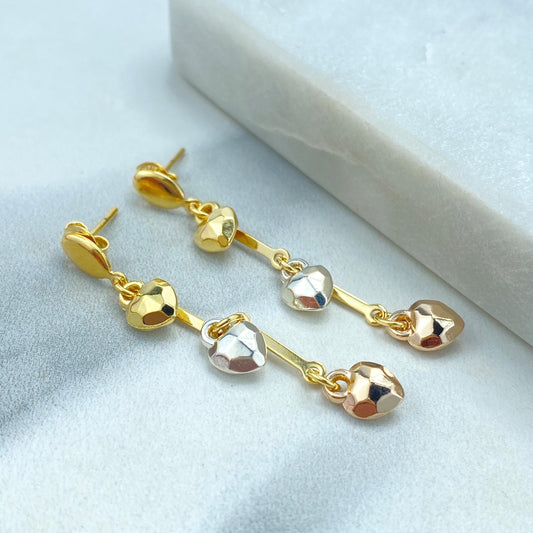 18k Gold Filled Dangle and Drop Earrings with Tri-Tone Hearts, Three-Tone Hearts Earrings, Drop Hearts Earrings, Wholesale Jewelry