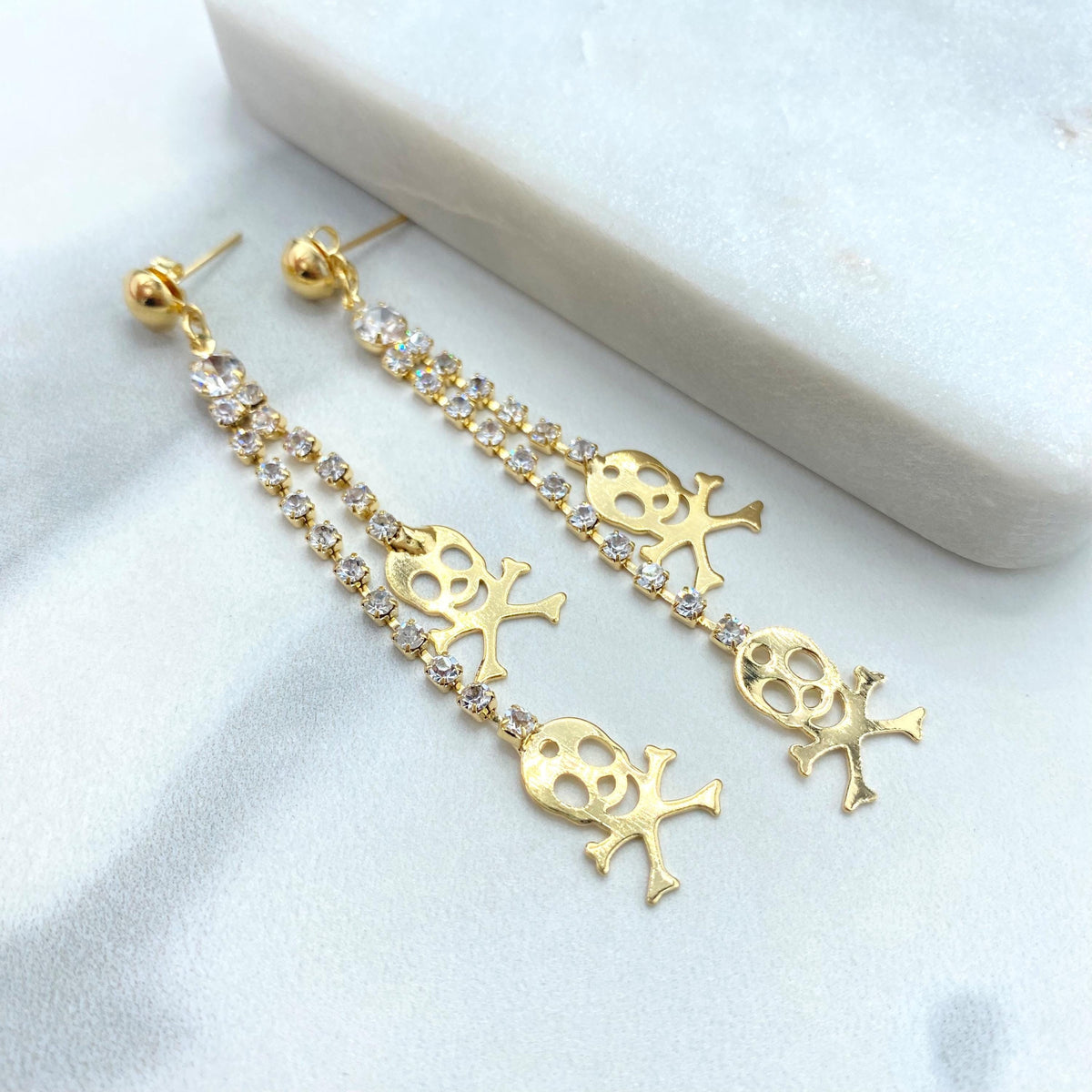 18k Gold Filled Long Drop and Dangle Skull Earrings, Double Dangle Cubic Zirconia Earrings with Stylized Skeleton, Wholesale Jewelry
