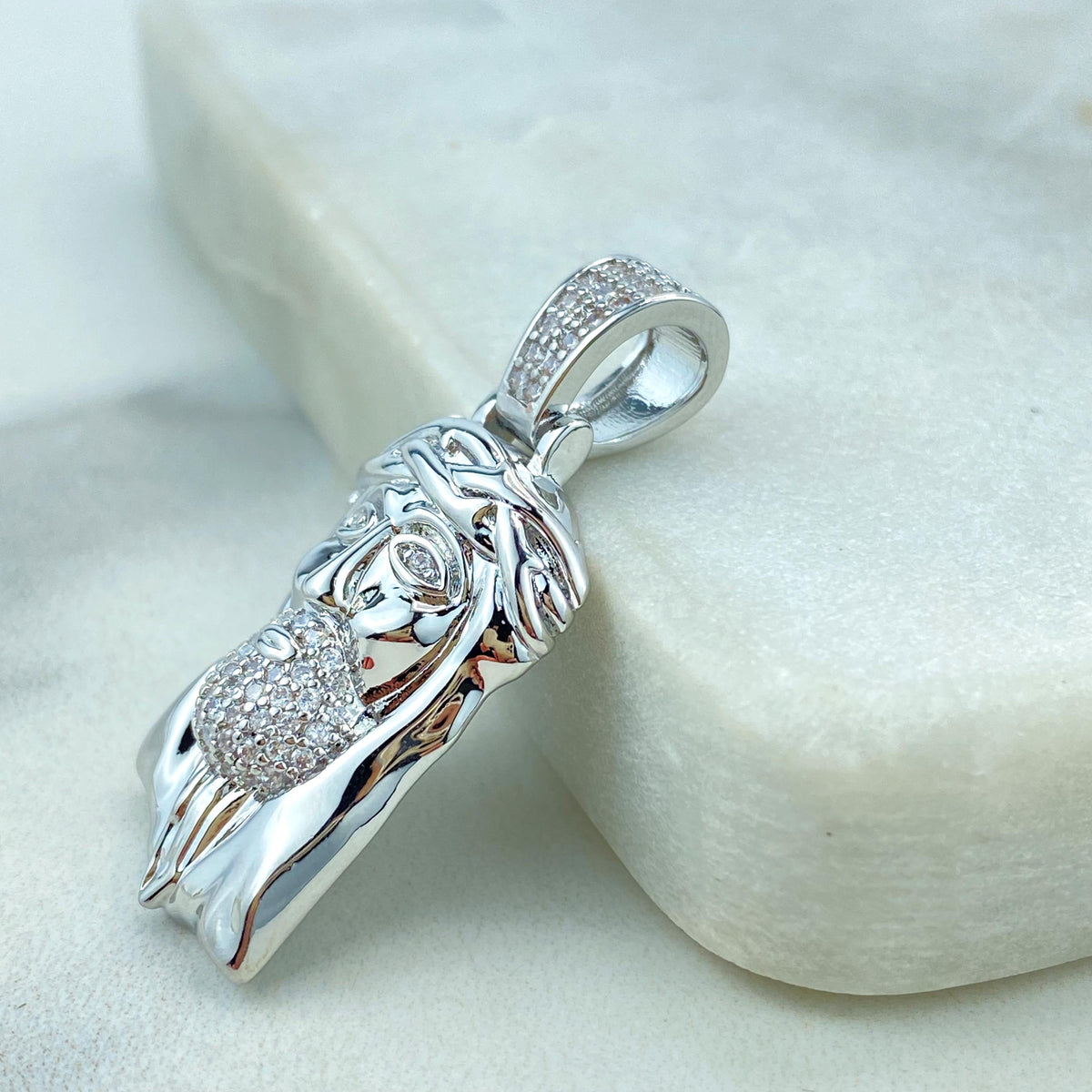 Silver Filled or 18k Gold Filled, Jesus Christ Face Shape Pendant with Micro Cubic Zirconia, Large Bail Pendant, Wholesale Jewelry