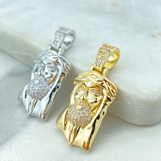 Silver Filled or 18k Gold Filled, Jesus Christ Face Shape Pendant with Micro Cubic Zirconia, Large Bail Pendant, Wholesale Jewelry
