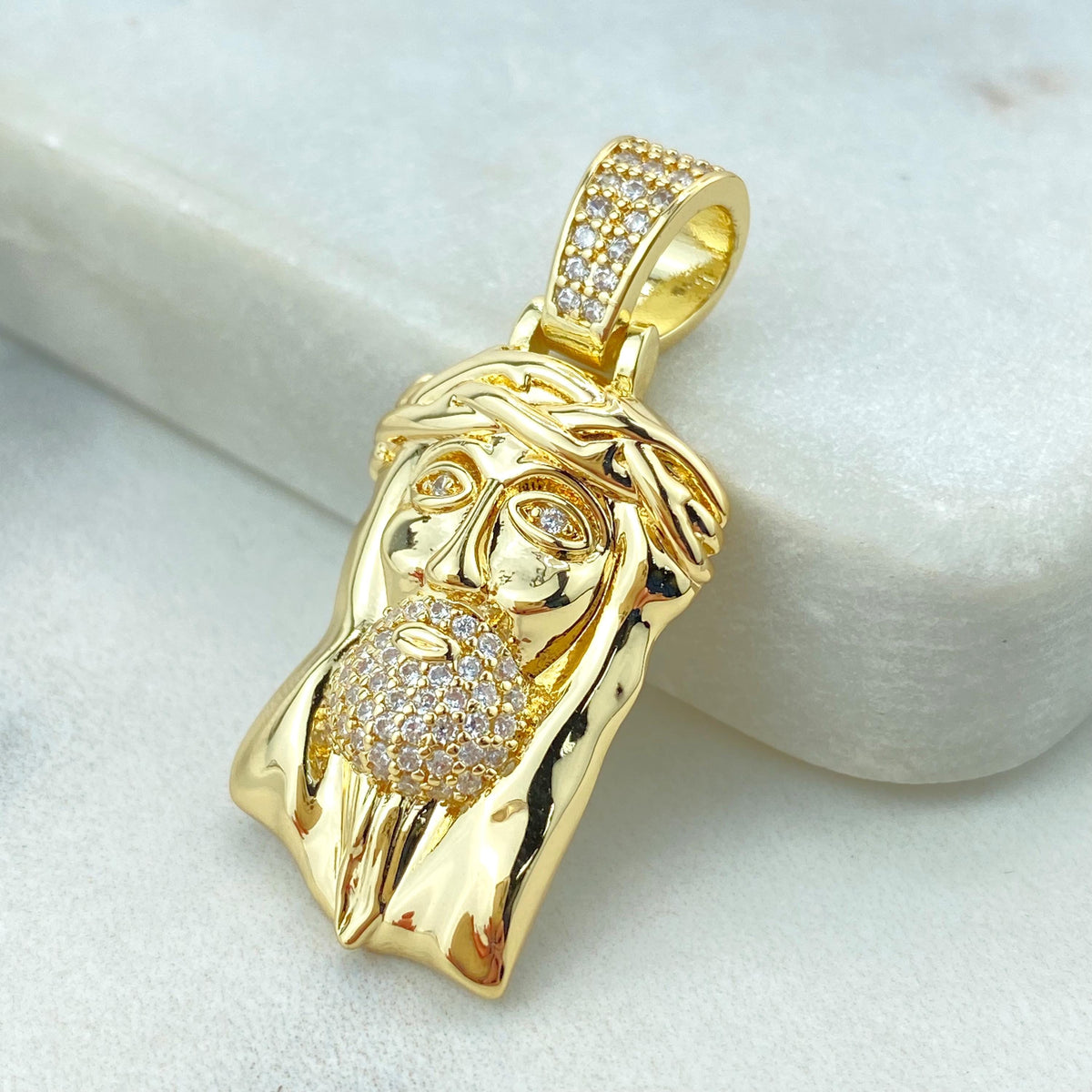 Silver Filled or 18k Gold Filled, Jesus Christ Face Shape Pendant with Micro Cubic Zirconia, Large Bail Pendant, Wholesale Jewelry