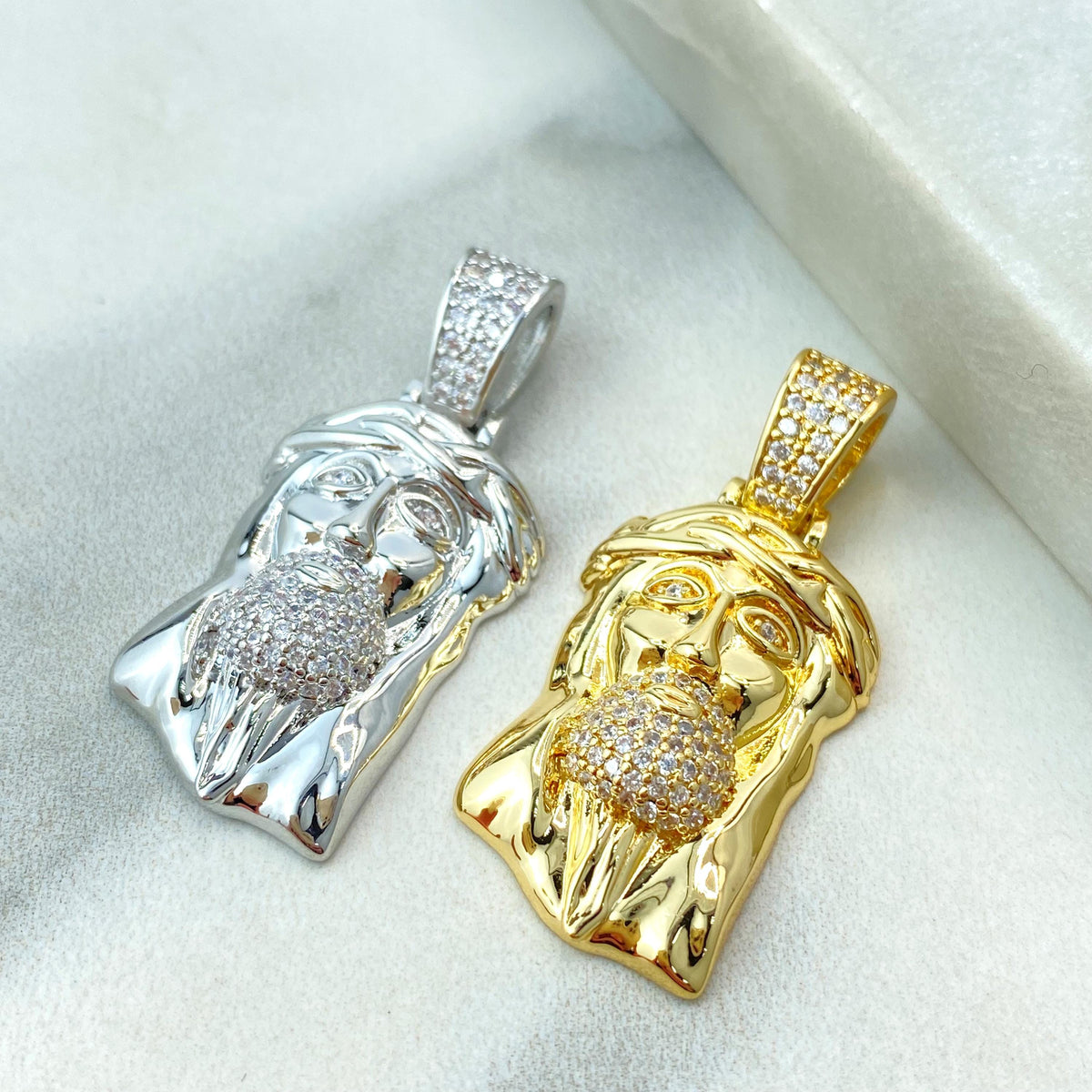 Silver Filled or 18k Gold Filled, Jesus Christ Face Shape Pendant with Micro Cubic Zirconia, Large Bail Pendant, Wholesale Jewelry
