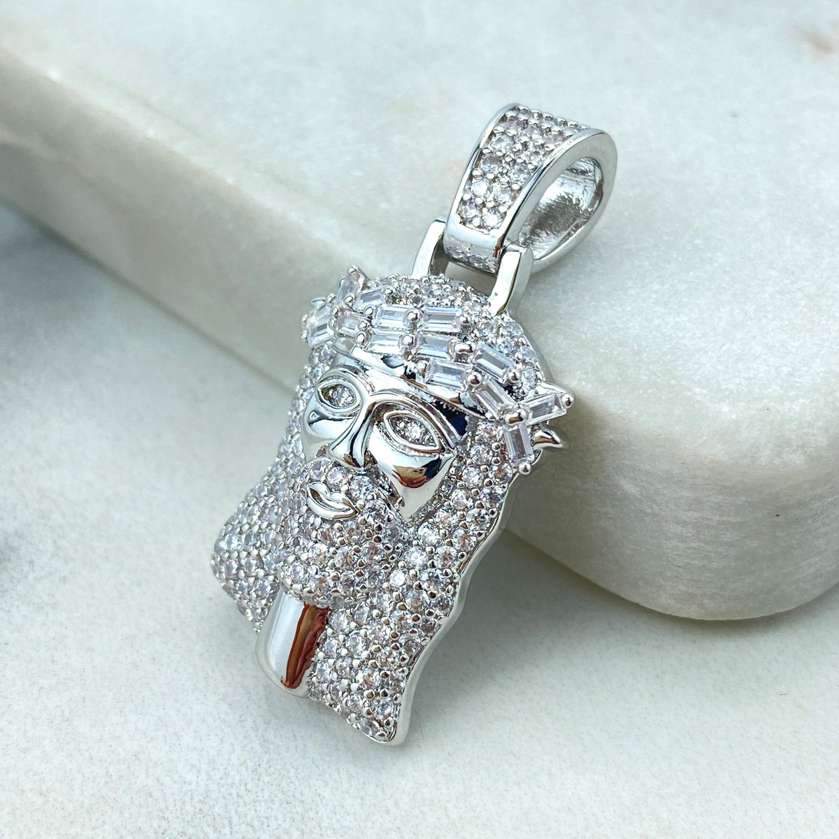Silver Filled Jesus Christ Face Shape Pendant with Micro Cubic Zirconia, Large Bail Pendant, Jesus Face Charm, Wholesale Jewelry