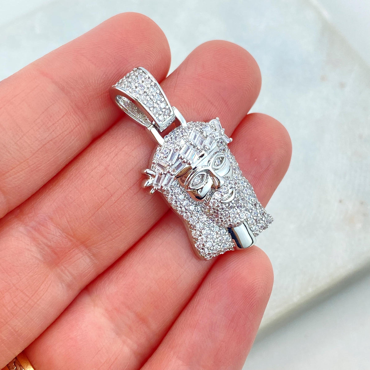 Silver Filled Jesus Christ Face Shape Pendant with Micro Cubic Zirconia, Large Bail Pendant, Jesus Face Charm, Wholesale Jewelry