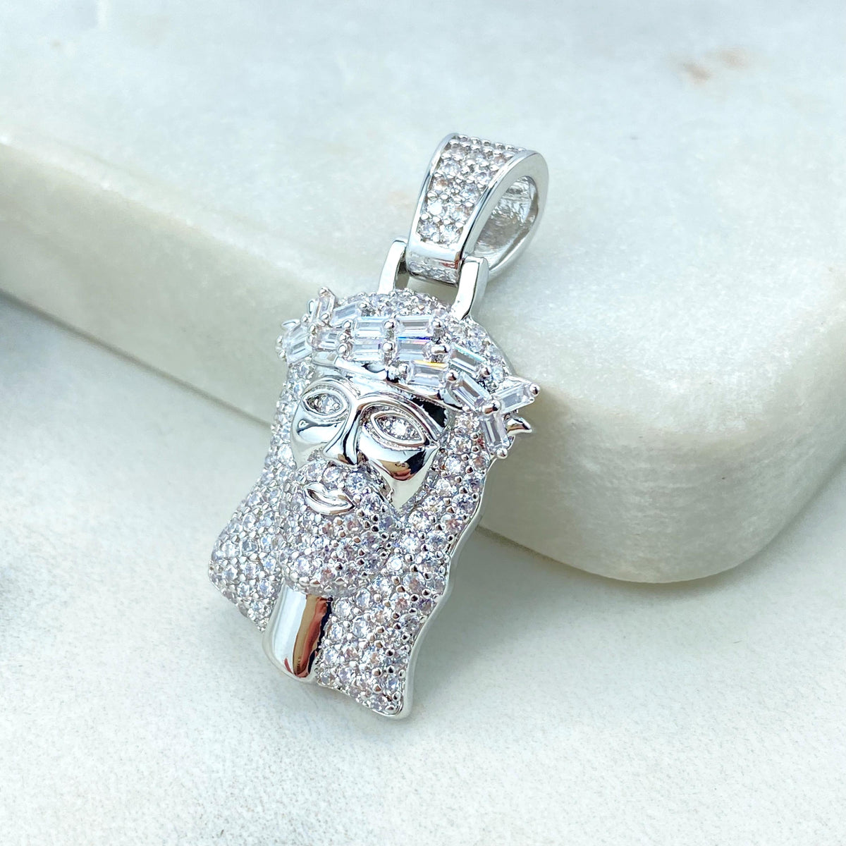 Silver Filled Jesus Christ Face Shape Pendant with Micro Cubic Zirconia, Large Bail Pendant, Jesus Face Charm, Wholesale Jewelry